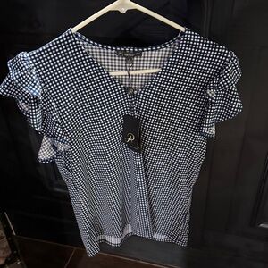Adrianna Papell Blue Checkered Ruffle Blouse